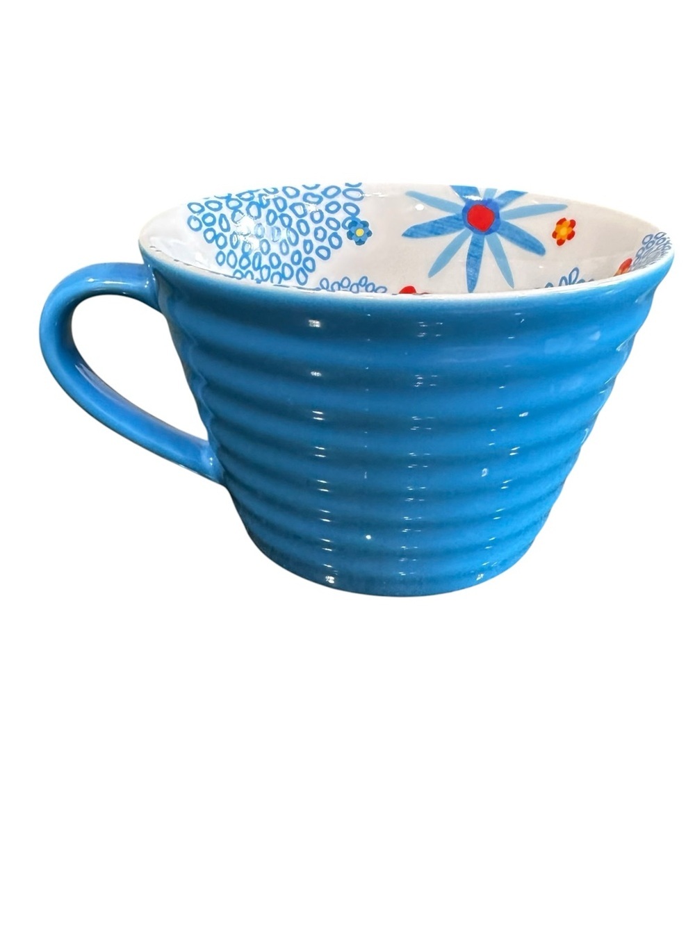 Starbucks Coffee Company Mug Blue Ribbed 12 oz Floral Design Inside 2007